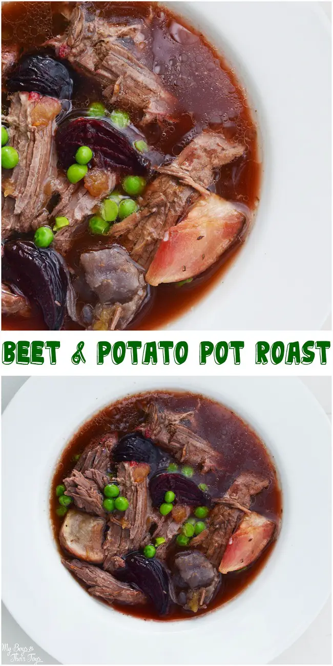 beet & potato pot roast in a white bowl