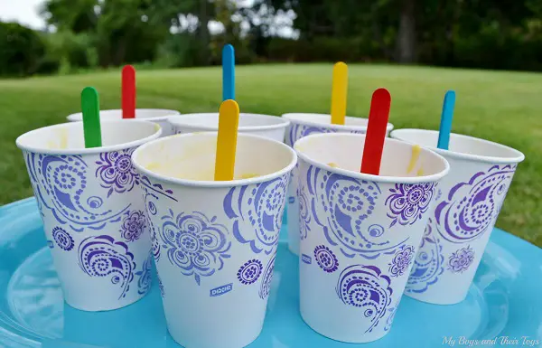 pudding pops in dixie cups with popsicle sticks