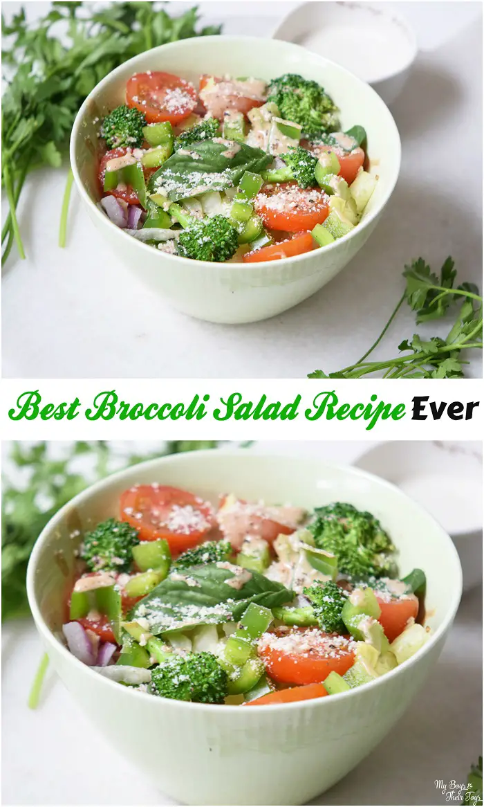Best Broccoli Salad Recipe Ever in white bowl with dressing