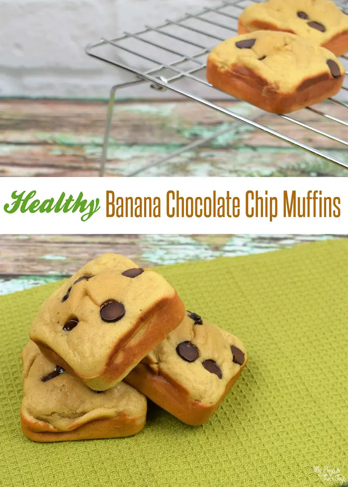 Healthy Banana Chocolate Chip Muffins on green placemat