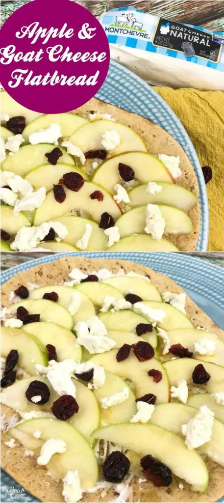 apple goat cheese flatbread with dried cranberries on blue plate
