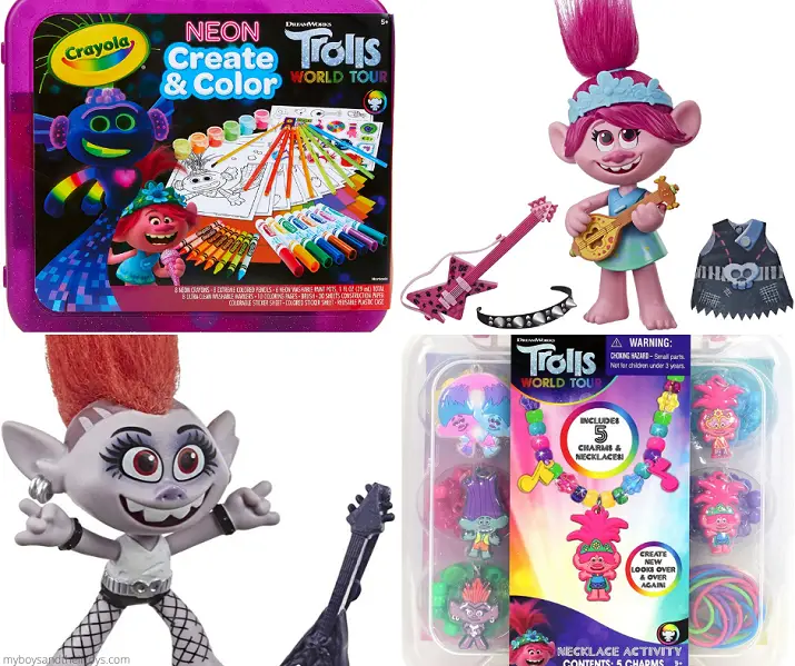 trolls world tour toys poppy doll, crayola trolls color set, trolls necklace activity