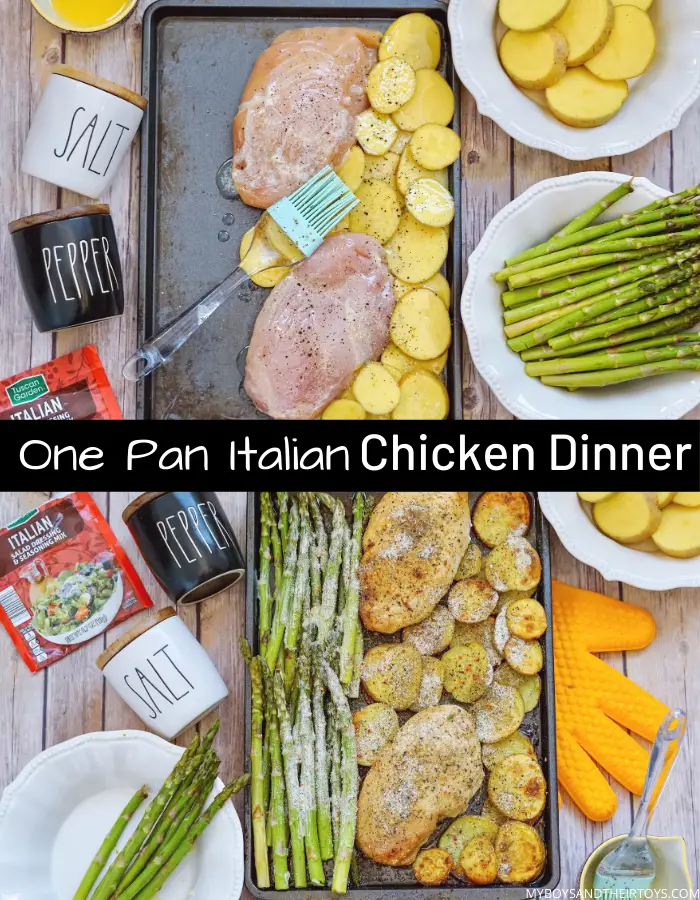 italian chicken ingredients on baking pan with seasoning