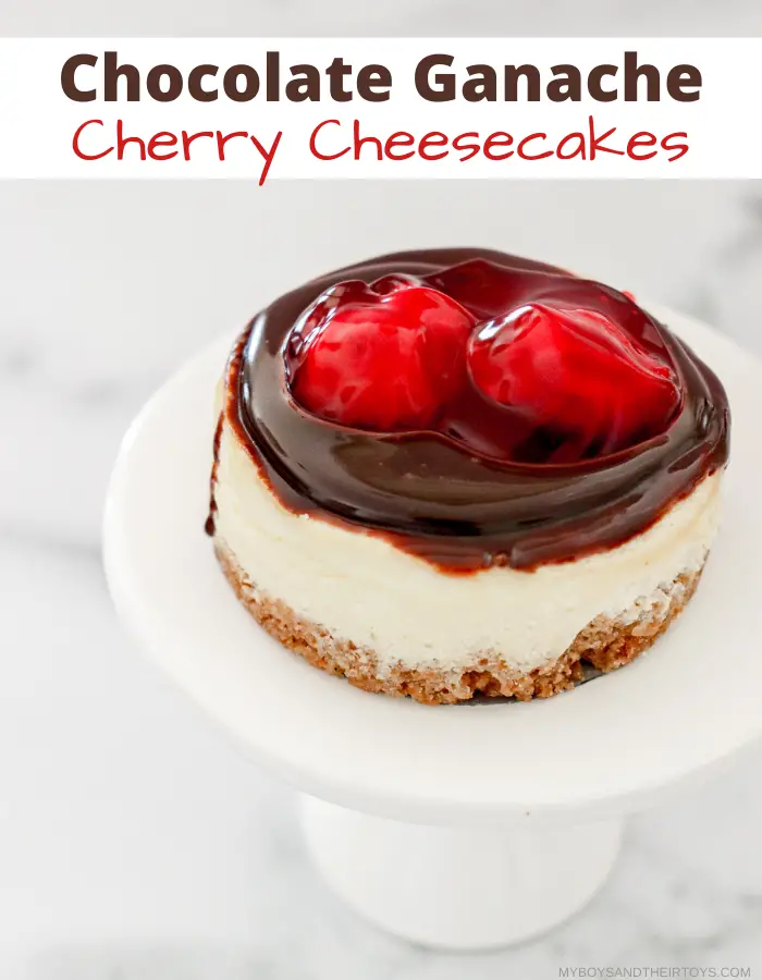 mini chocolate cherry cheesecakes on a cake stand