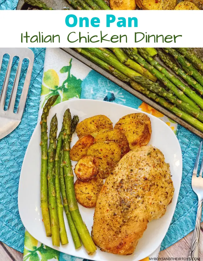 one pan italian chicken dinner on plate with blue placemat