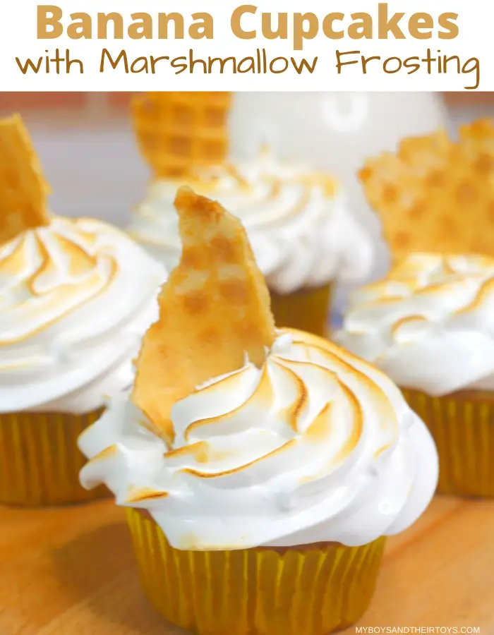 banana cupcakes marshmallow frosting and waffle cone pieces